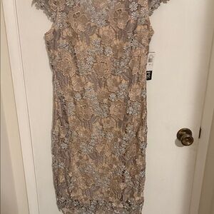 Xscape Beige and Gray Lace Midi Dress